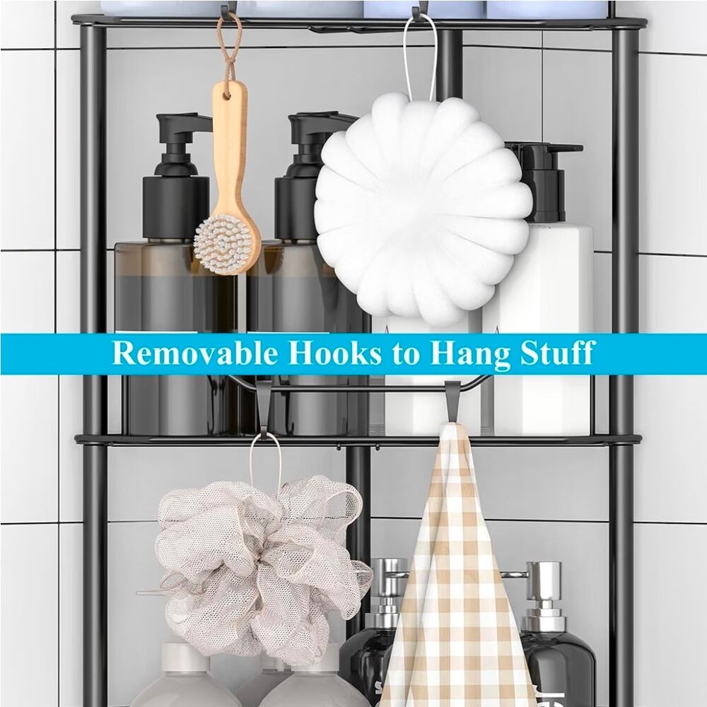 4 Tier Floor Standing Corner Shower Caddy Organizer Shelf with Hooks, Black - Picture 5 of 5